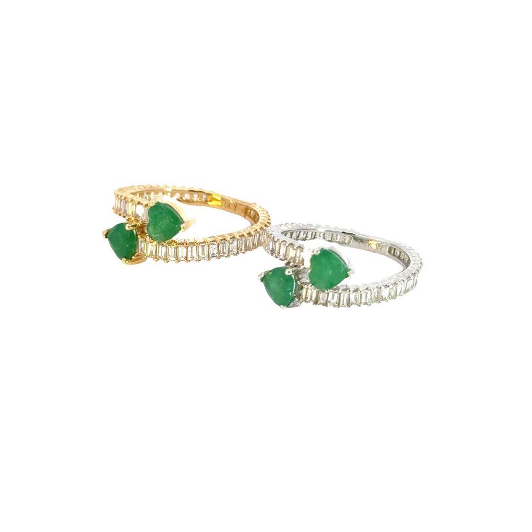 14K Solid Gold Diamond & Emerald Double Line Heart Ring. CR96144EM5