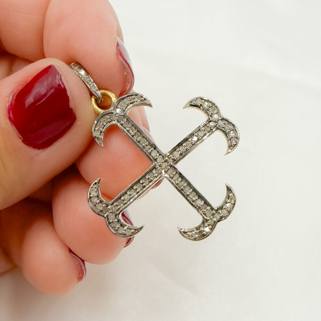 Pave Diamond & 925 Sterling Silver Black Rhodium and Two-Tone (Black Rhodium and Gold Plated) Cross Pendant. DP022