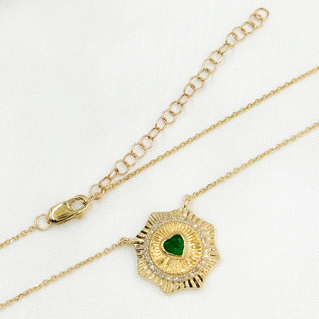 14k Solid Gold Emerald Heart and Diamond Necklace. CN96235EM