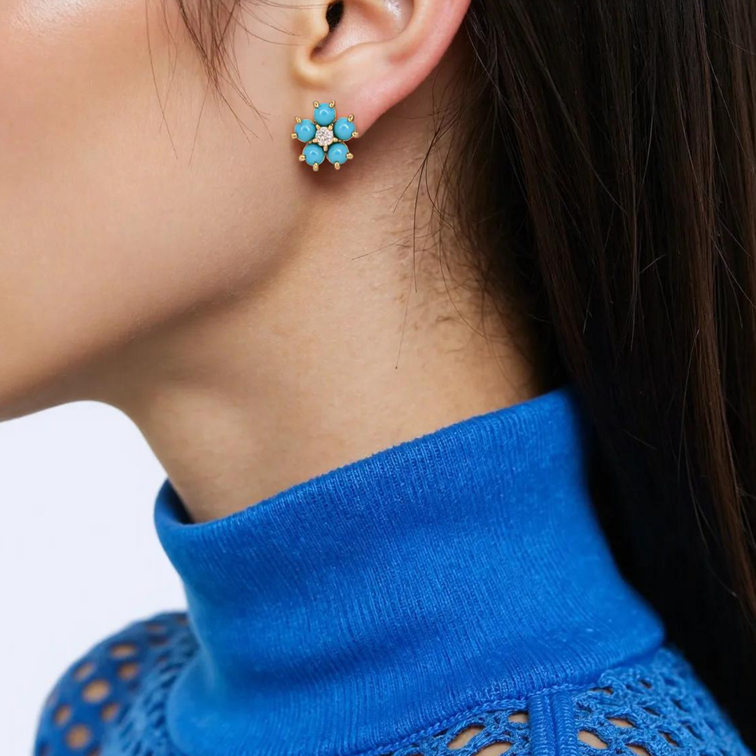14K Solid Yellow Gold Diamond and Turquoise Flower Stud Earring