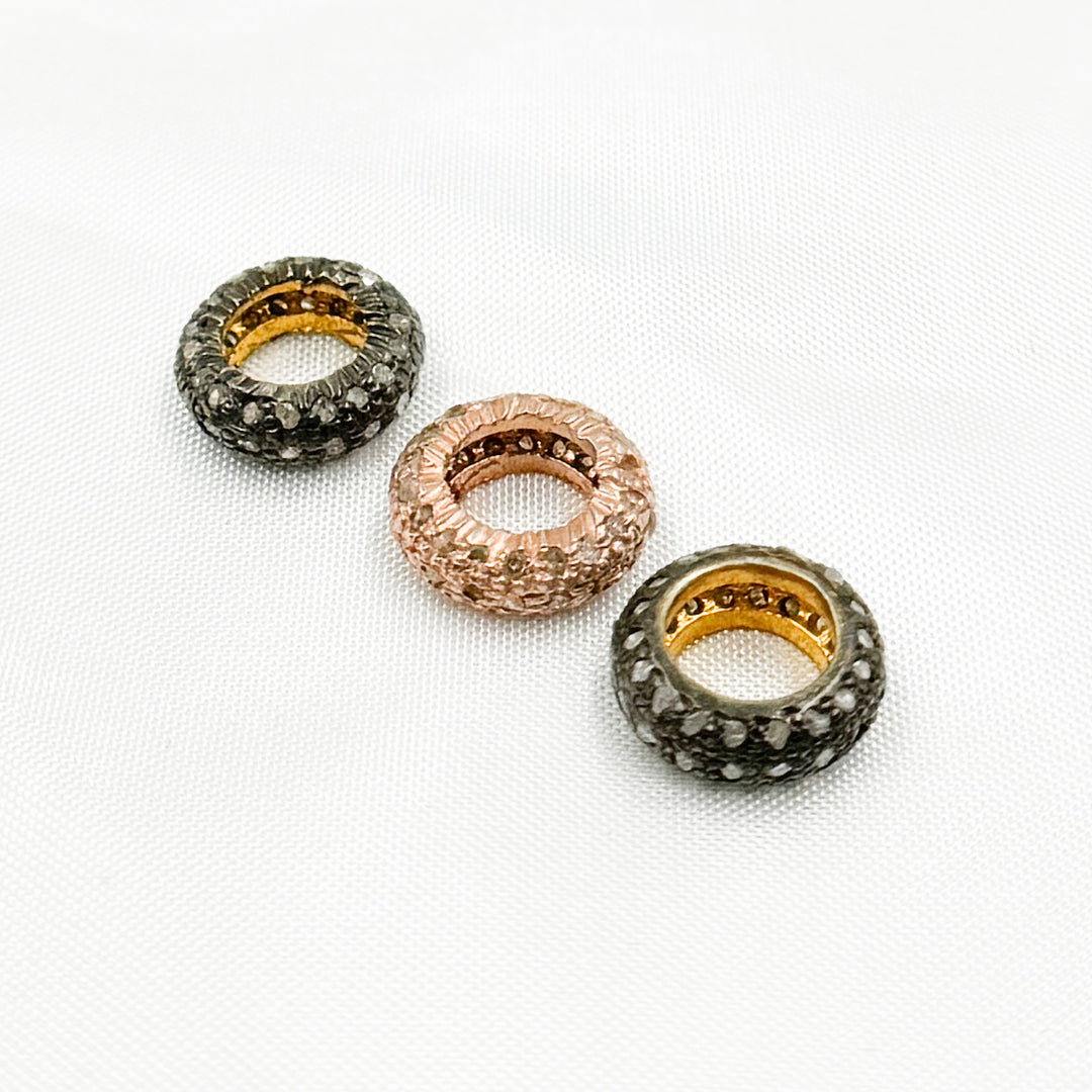 Pave Diamond & 925 Sterling Silver Black Rhodium, Two Tone and Rose Gold Roundel Spacer Bead. DC589