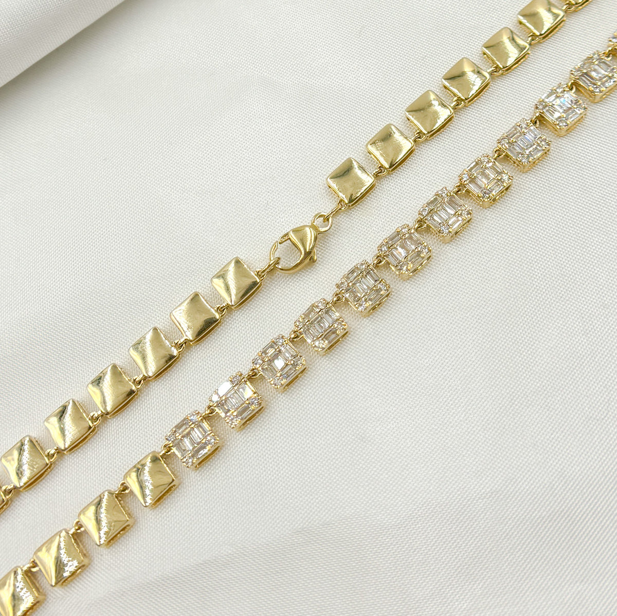 NFP71428. 14K Solid Gold Diamond Baguette Squares Necklace