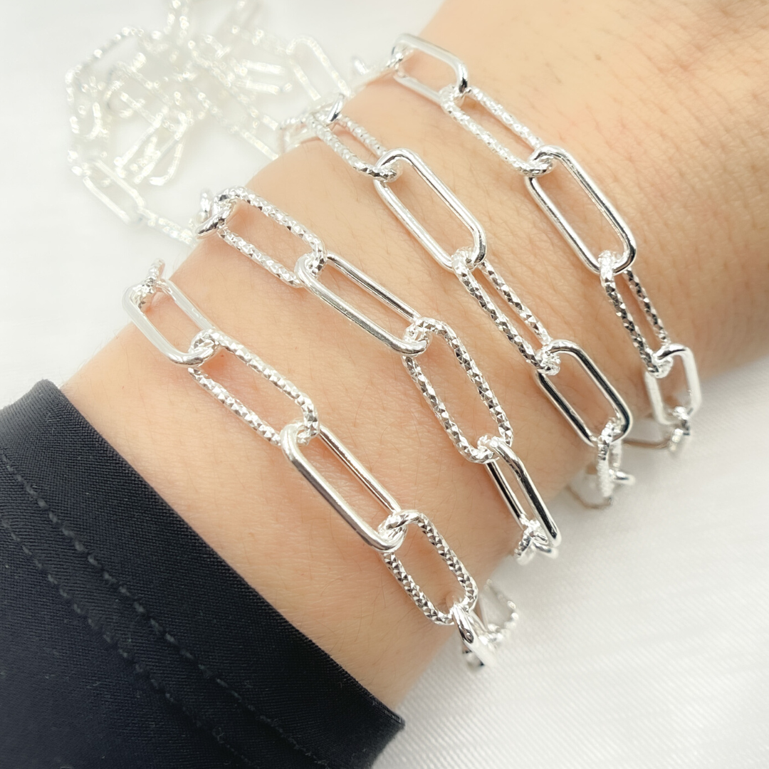 925 Sterling Silver Paperclip Smooth & Diamond Cut Link Chain. V41SS