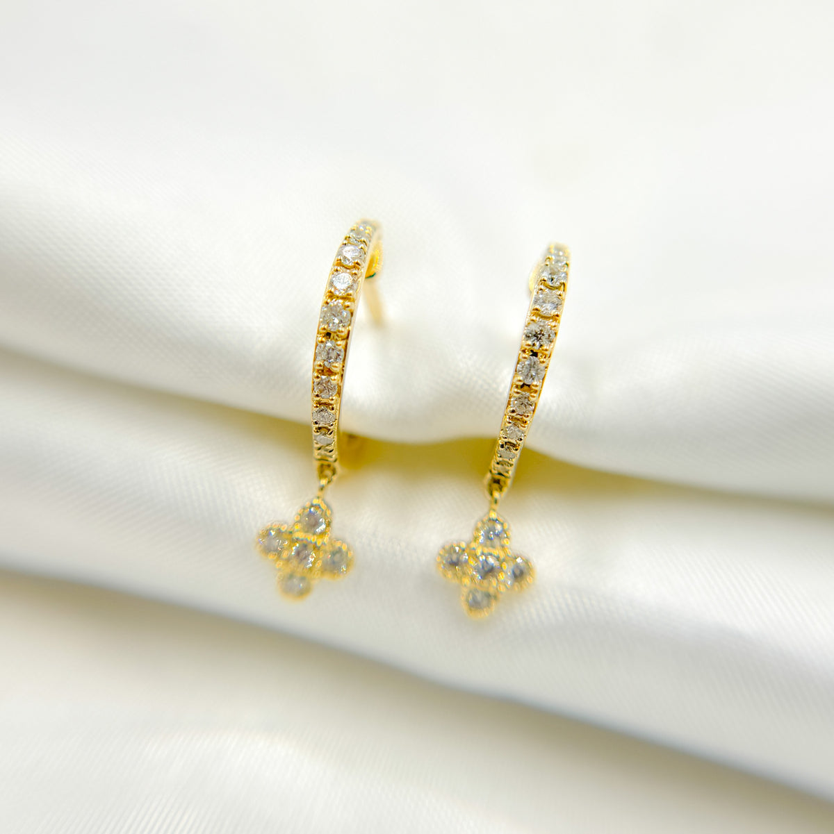HP400795. 14K Solid Gold Diamond Dangle Hoops with Flower Earrings