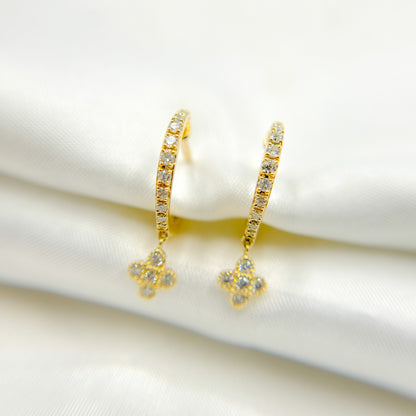 HP400795. 14K Solid Gold Diamond Dangle Hoops with Flower Earrings