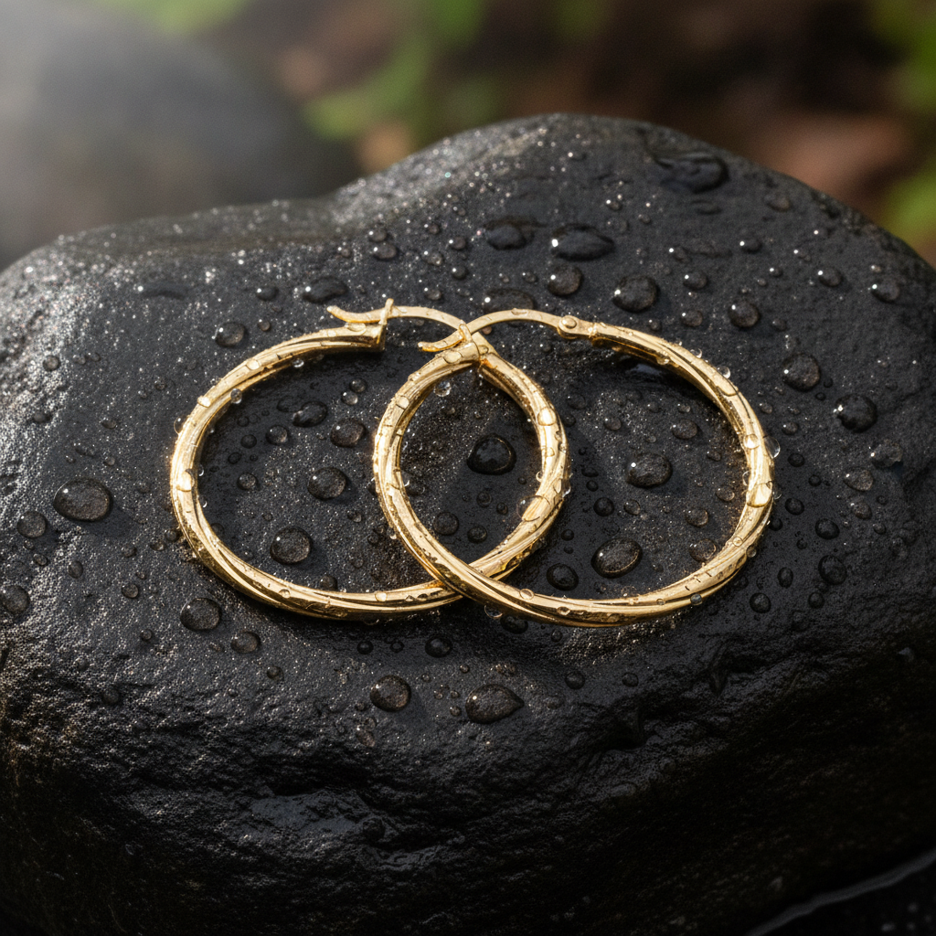GER173. 14K Gold Hollow Hoop Earrings with Engraved Tornado Design
