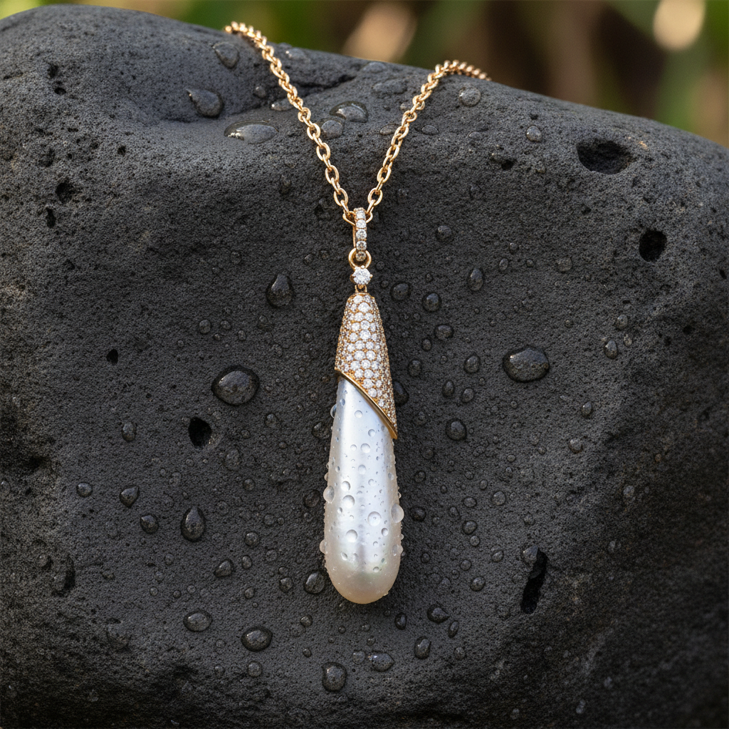 PFH32907PL. 14K Solid Gold Diamond and Pearl Dangle Drop Necklace