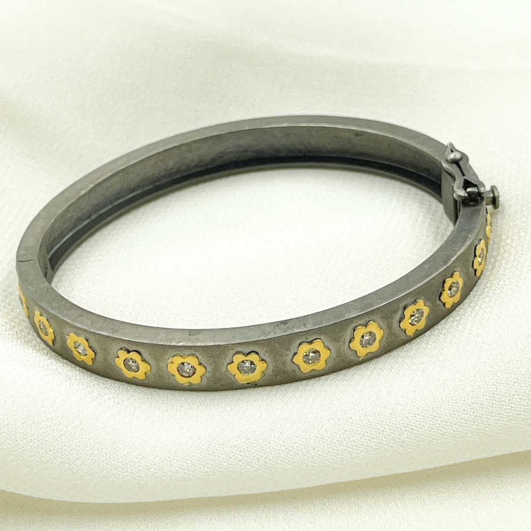 14K Gold and Black Rhodium Sterling Silver Pave Diamond Bangle. KSG12