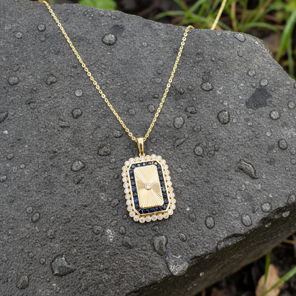 PFH33150. 14K Solid Gold Diamond and Blue Sapphire Rectangle Necklace