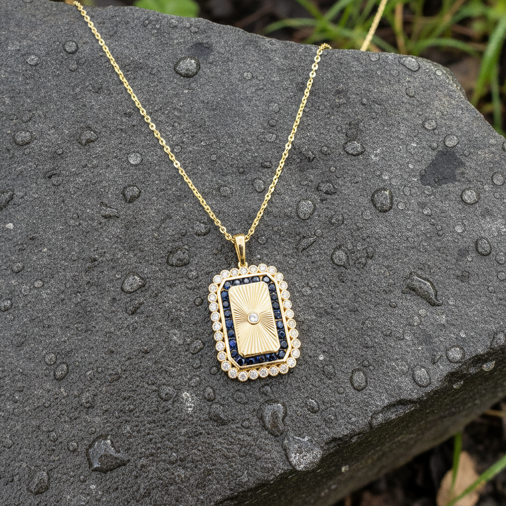 PFH33150. 14K Solid Gold Diamond and Blue Sapphire Rectangle Necklace