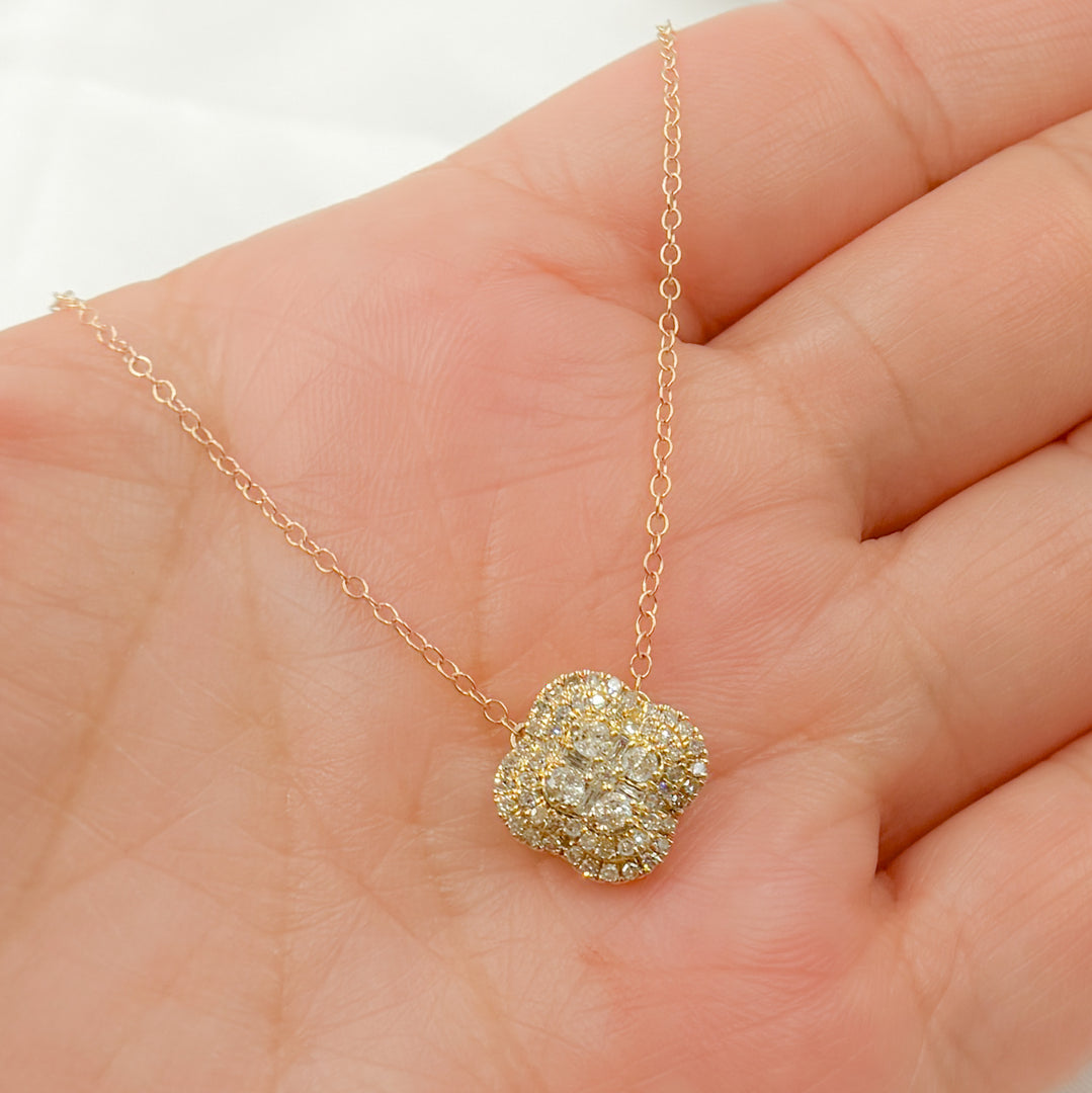 14k Solid Gold Diamond Flower Baguette Necklace. NFF71216