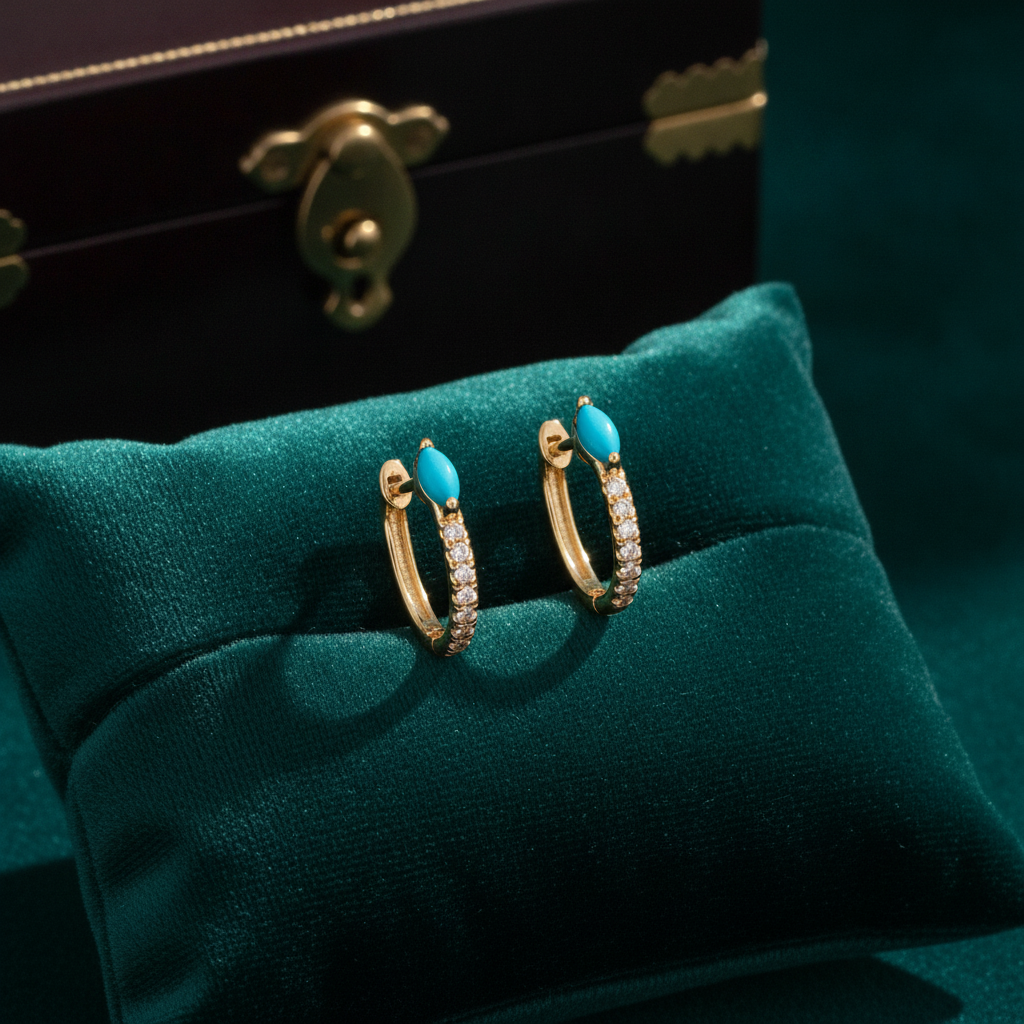EHC57586TQ. 14K Solid Yellow Gold Diamond and Turquoise Hoop Earrings