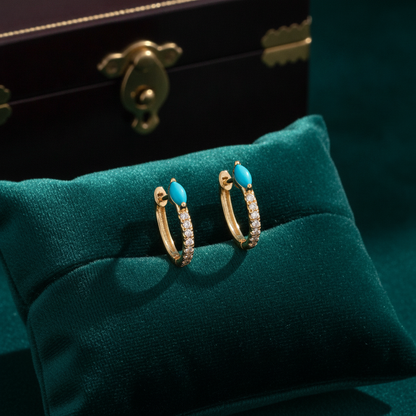 EHC57586TQ. 14K Solid Yellow Gold Diamond and Turquoise Hoop Earrings