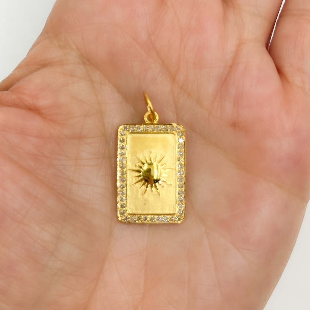 14K Solid Gold with Diamonds Rectangle Shape Sun Charm. GDP114