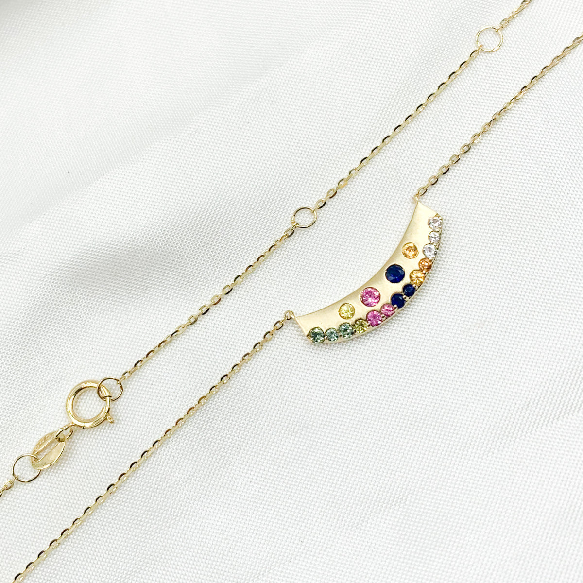 NT405721. 14K Solid Gold Diamond and Multi Sapphire Bar Necklace