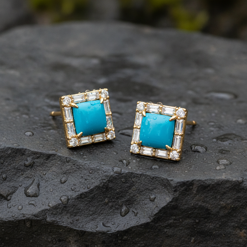 EFG54376TQ. 14K Solid Gold Diamond and Turquoise Fancy Studs