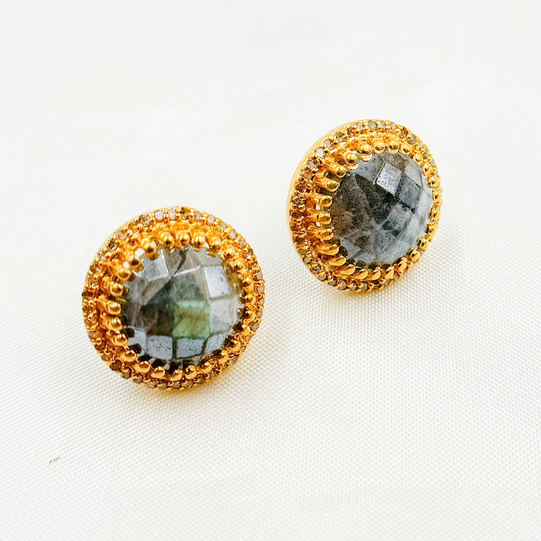 DE043. Diamond Silver Gemstone Round Studs