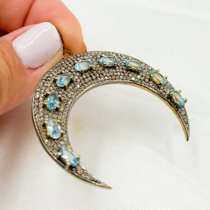 DP106. Diamond Sterling Silver Moon Shape Pendant with Gemstone