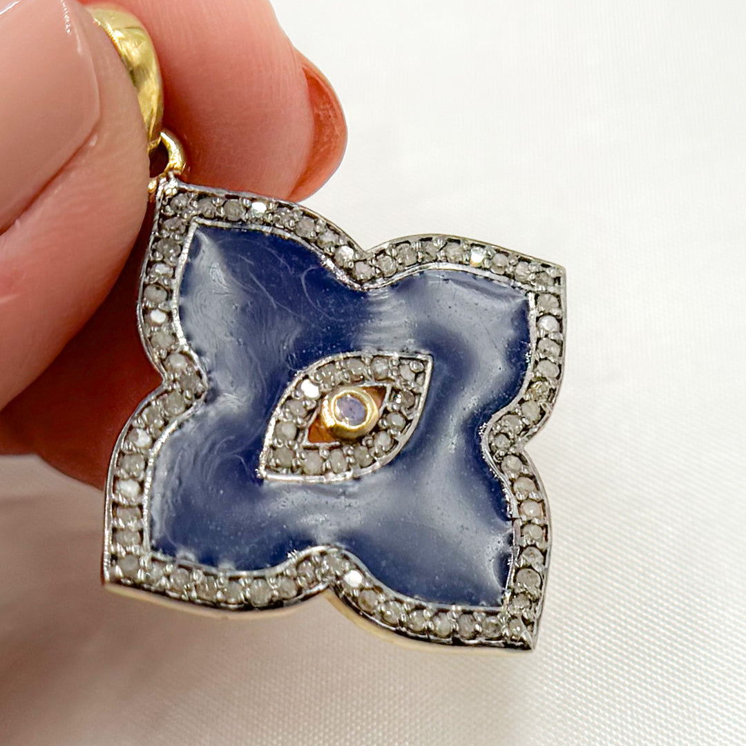 DP041A. Diamond Sterling Silver Flower Shape Enamel Pendant with Gemstone