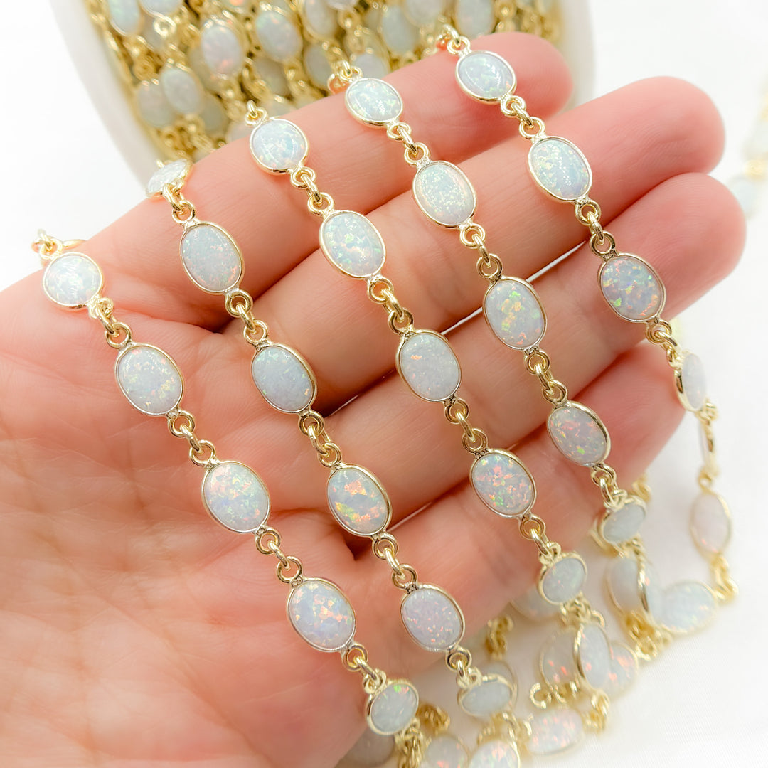 CWO15. White Opal Oval Shape Bezel Gold Plated Wire Chain