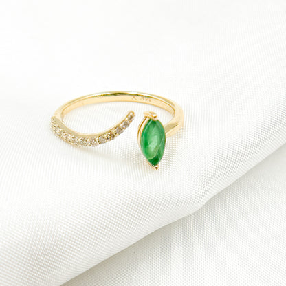 14K Solid Gold Diamond and Leaf Emerald Ring.