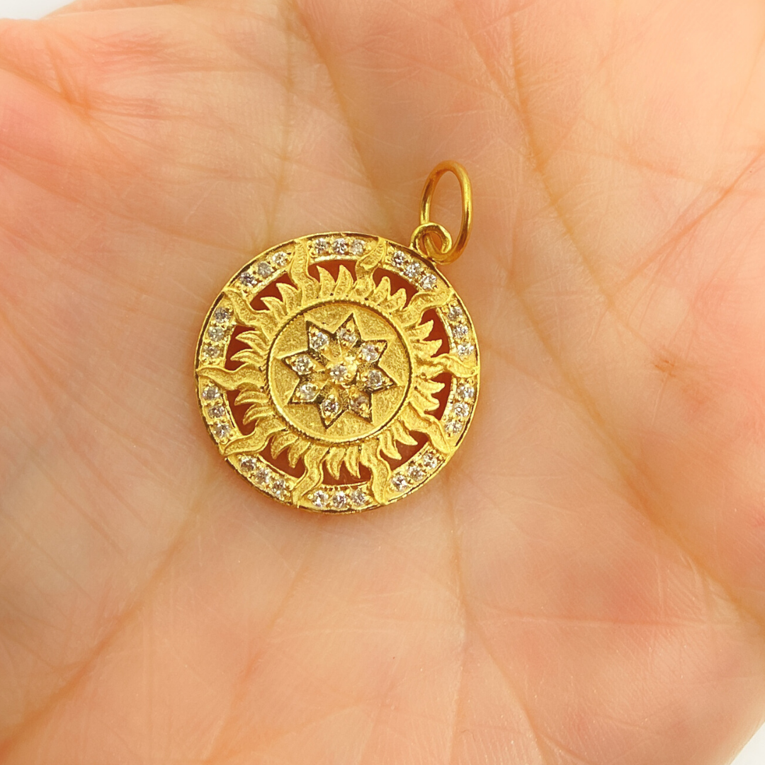 14K Solid Gold Diamond Circle Sun Charm with Star in the Center. GDP257