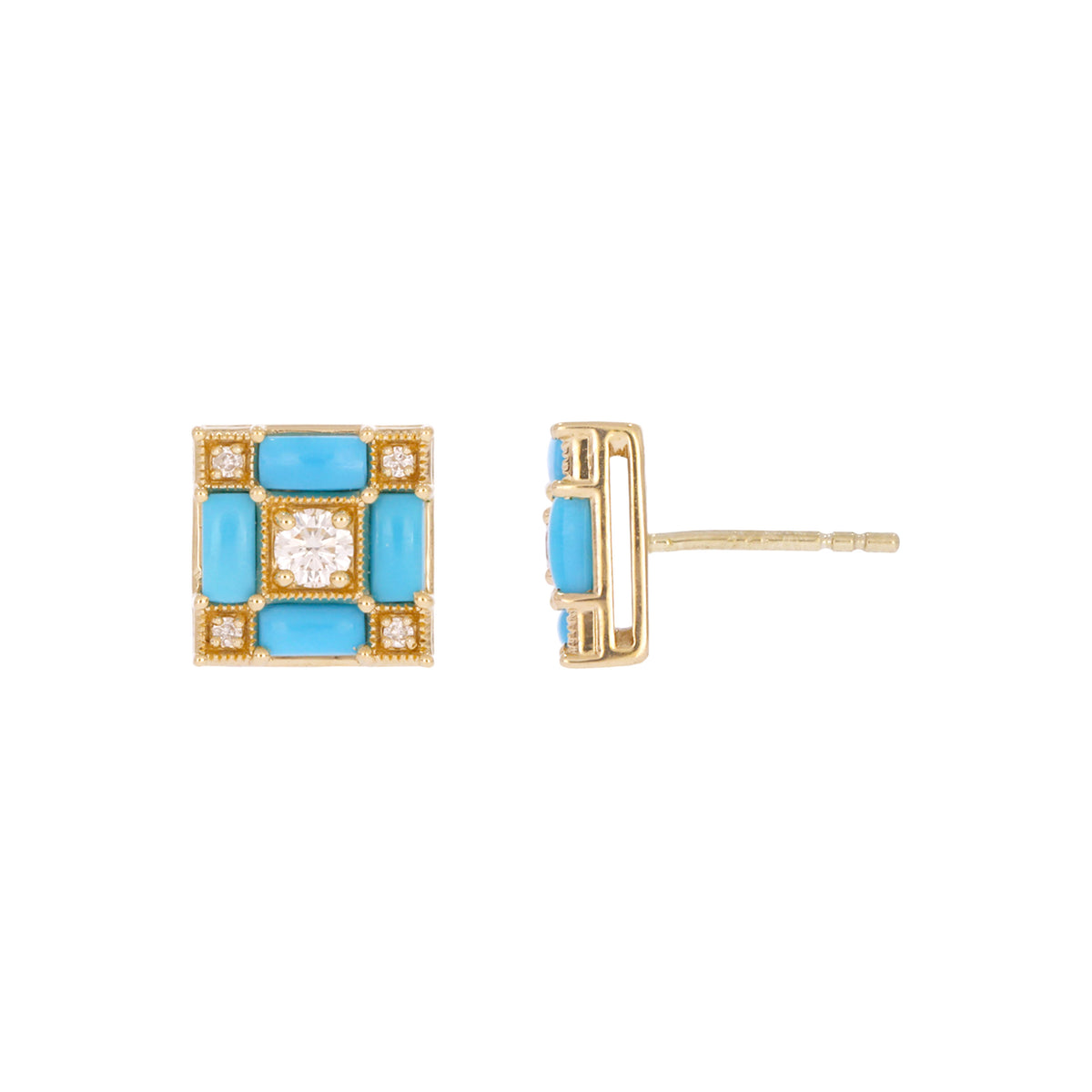 EFE53897TQ. 14K Solid Gold Diamonds and Turquoise Square Stud Earrings