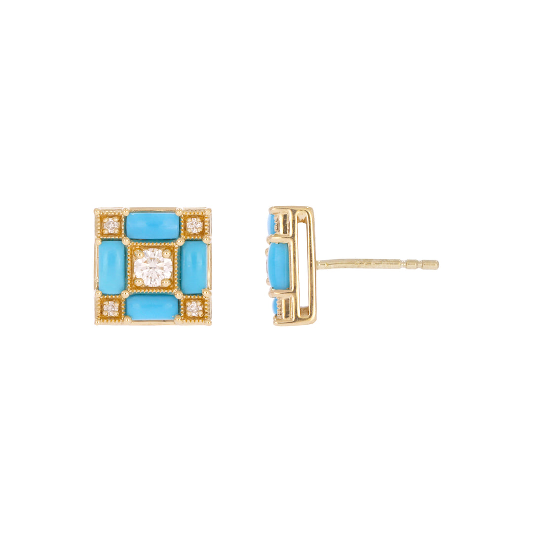 EFE53897TQ. 14K Solid Gold Diamonds and Turquoise Square Stud Earrings