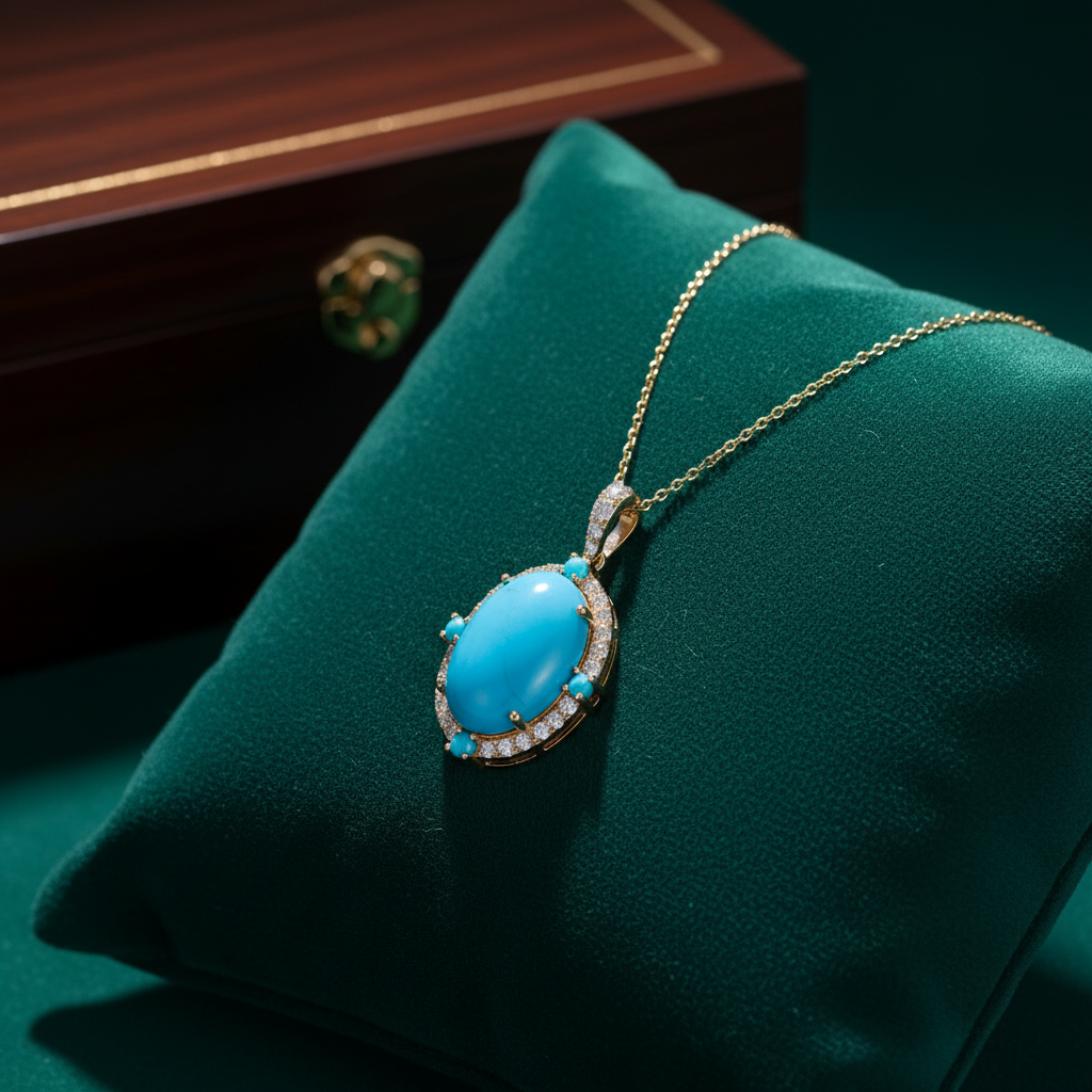 CP97321TQ14X10. 18K Solid Gold Diamond & Turquoise Pendant