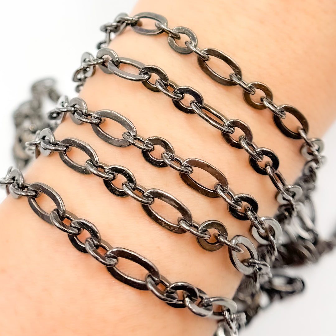 V61BR. Black Rhodium Sterling Silver Oval and Round Link Chain