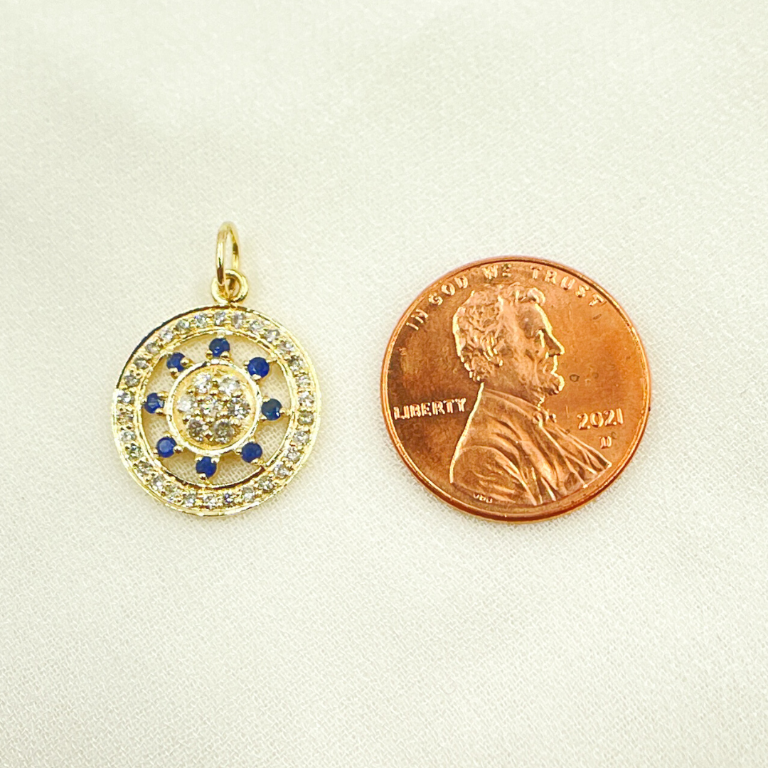 14K Solid Gold Circle Pendant with Diamonds & Ruby or Blue Sapphire Stone. GDP362