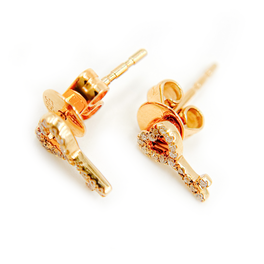 EFA53680. 14K Solid Gold Diamond  Key Heart Studs Earrings