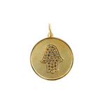 Load image into Gallery viewer, 14K Solid Gold with Diamonds Circle Shape Charm with Hamsa Hand in the Center. GDP32
