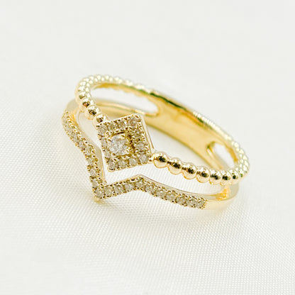 14K Solid Yellow Gold Diamond Double Line Square Ring.