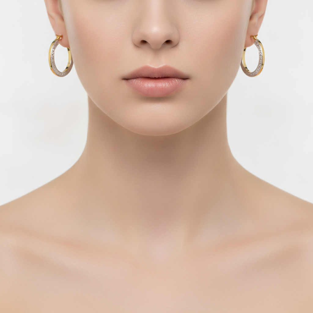 GER40. 14K Yellow and White Gold Earrings Round Shape Hoop with Texture