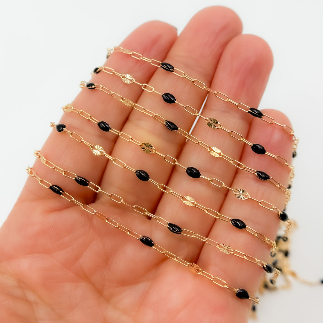 V295BKGF. 14K Gold Filled Black Color Enamel with Paperclip and Diamond Cut Marina Links