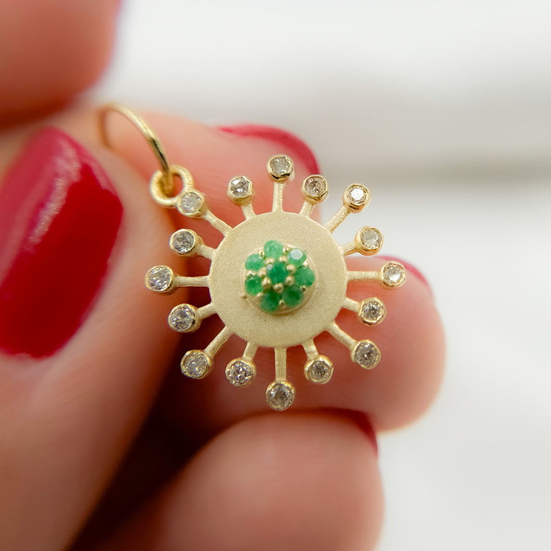 14k Solid Gold Diamond and Emerald Sun Charm. GDP647