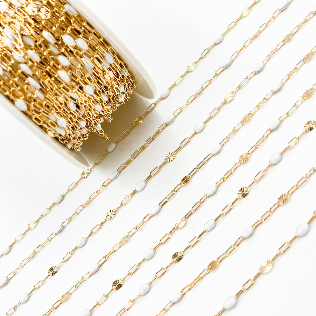 V295WTGF. 14K Gold Filled White Color Enamel with Paperclip and Diamond Cut Marina Links