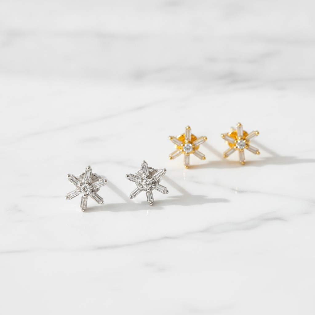 EFD53686. 14K Solid Gold Flower Diamond Studs