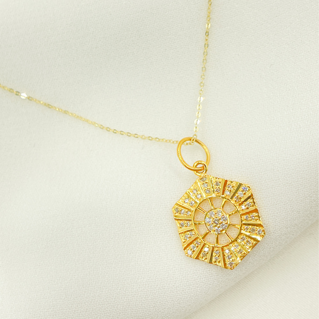 14K Solid Gold Charm Hexagonal Pendant with Diamonds. GDP138