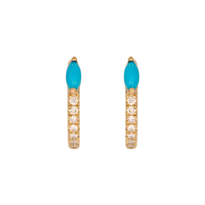 EHC57586TQ. 14K Solid Yellow Gold Diamond and Turquoise Hoop Earrings