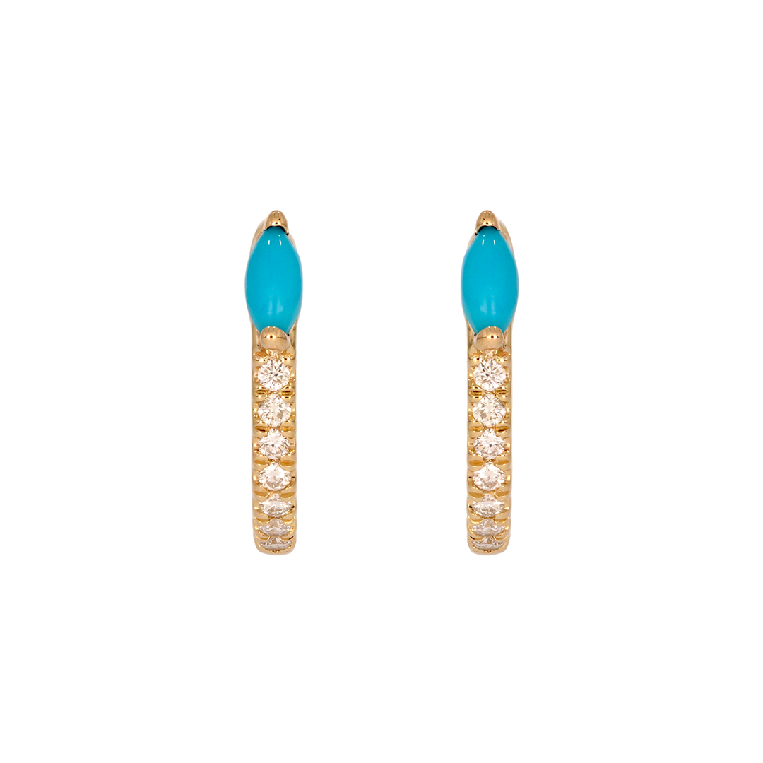 EHC57586TQ. 14K Solid Yellow Gold Diamond and Turquoise Hoop Earrings