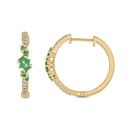 EHC56871EM. 14K Solid Gold Diamond and Emerald Hoops