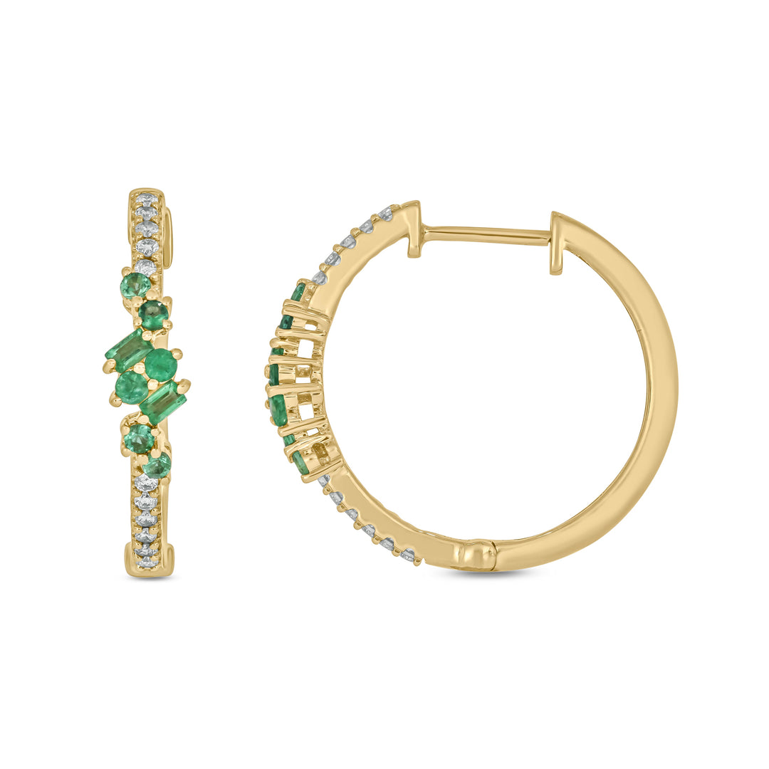 14K Solid Gold Diamond and Emerald Hoops. EHC56871EM