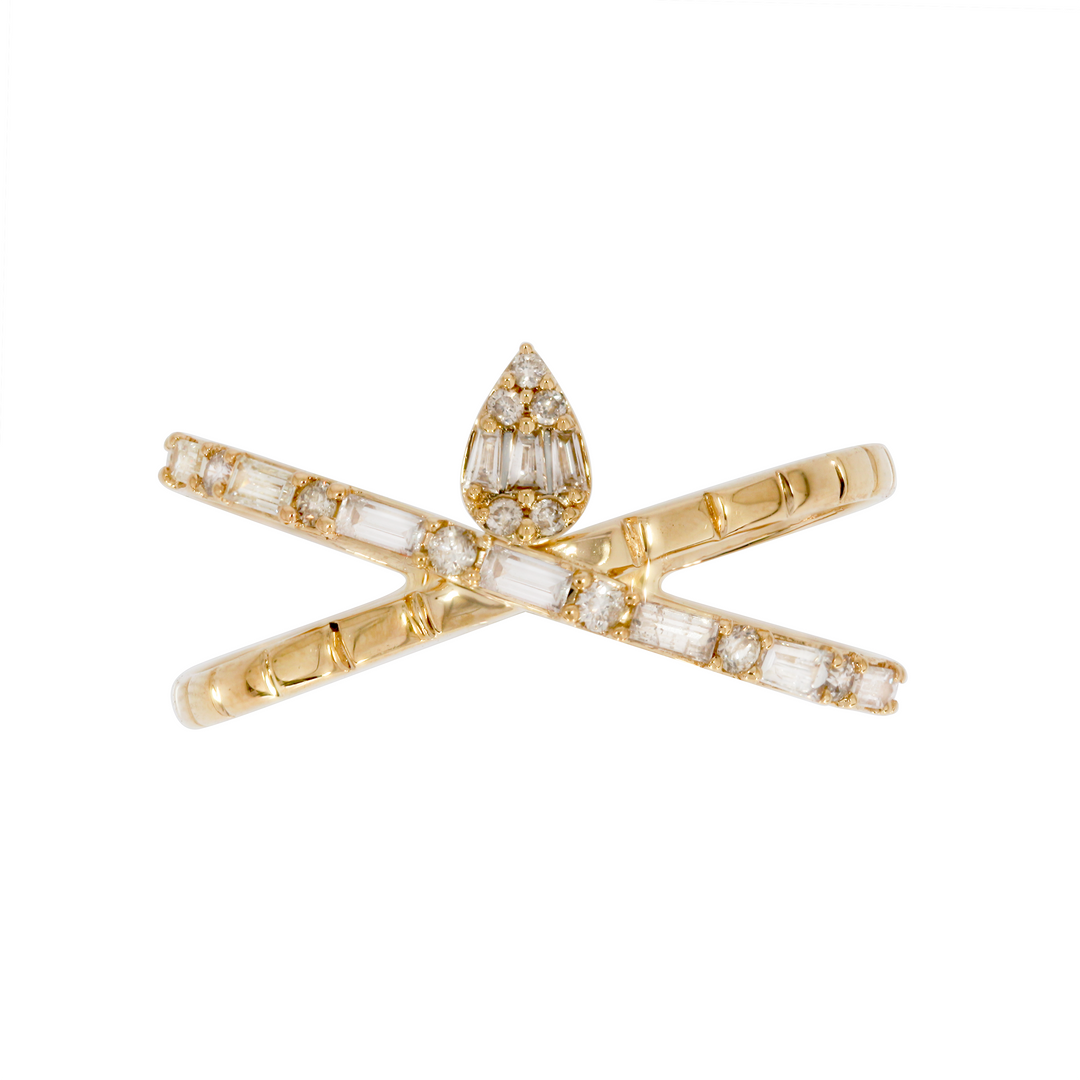 14K Solid Gold Diamond and Baguette Cross Ring. DRN01772