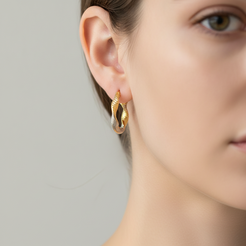 GER32. 14K Solid Gold Twist Round Classic Hollow Hoop Earrings