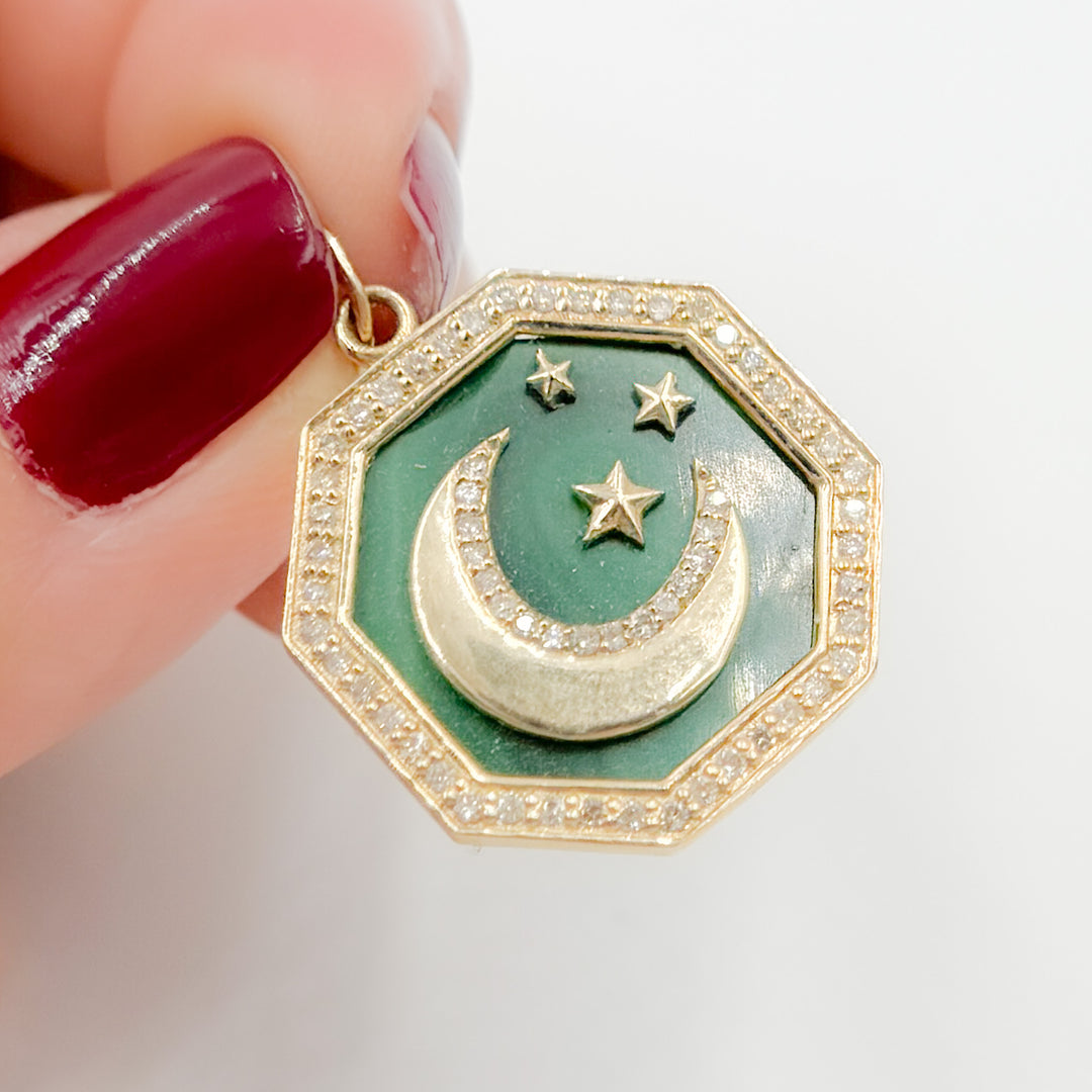 GDP455. 14K Solid Gold Moon Hexagon Pendant