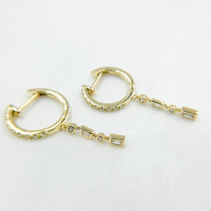 HP400533. 14k Solid Gold Diamond Dangle Huggie Earrings