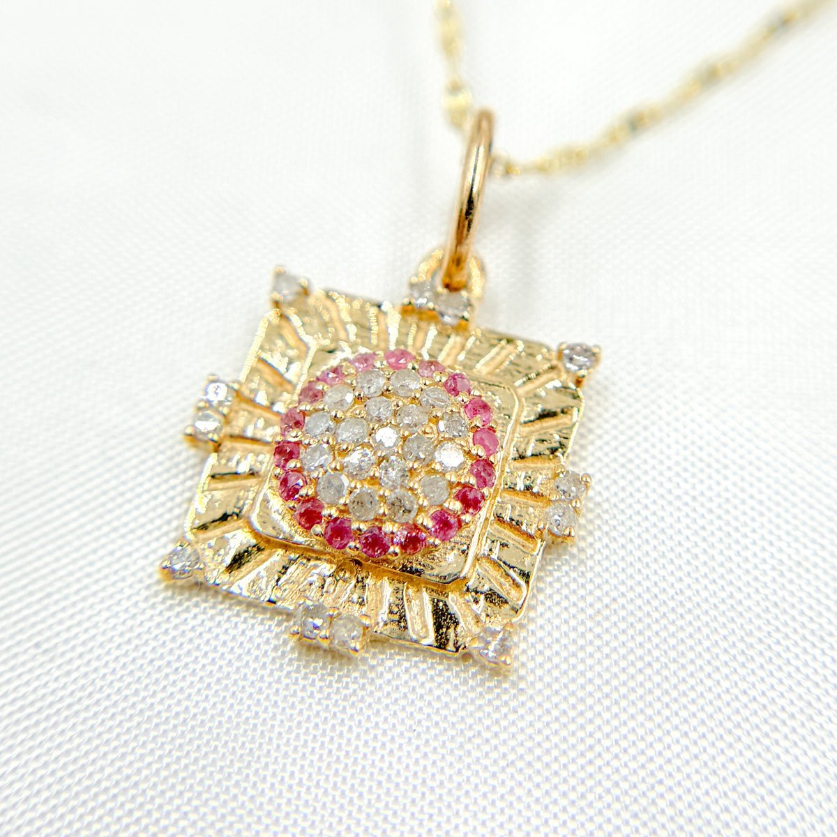 KG191. 14K Solid Gold Diamond and Ruby Square Charm