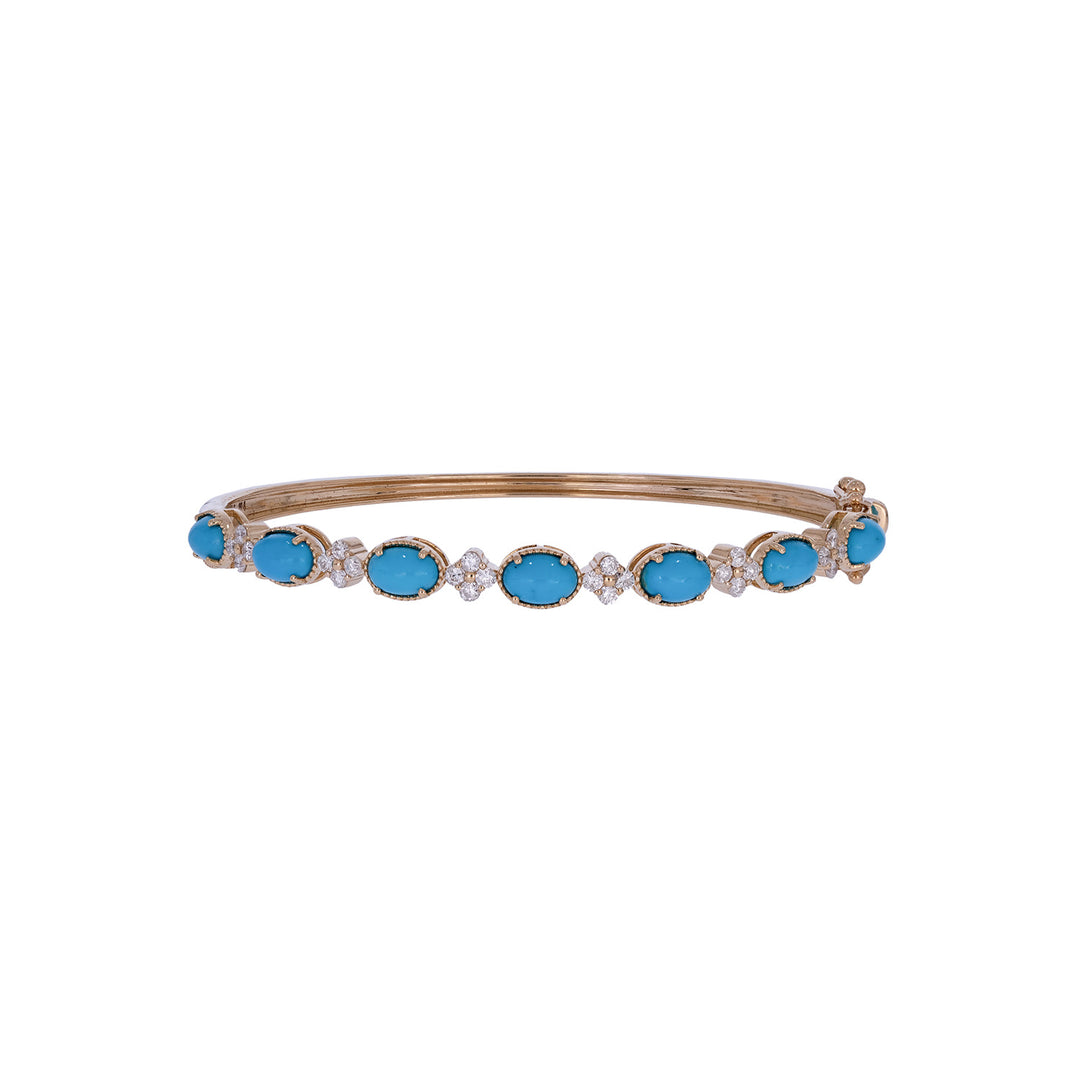 CB97337TQ6X4. 18K Solid Yellow Gold Turquoise and Diamond Fancy Bangle